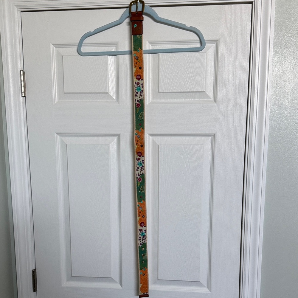 Fossil Brown Leather Belt with Teal Floral Accent